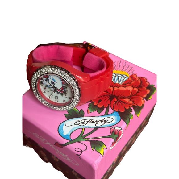 NIB Ed Hardy Love Kills Slowly Watch Swarovski Crystals & Red Pink Band Y2K - Picture 14 of 14